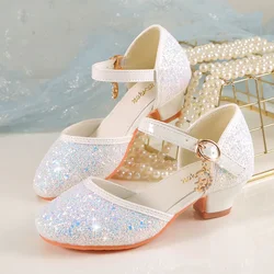 Children's High Heels Summer Princess Sandals 2024 New Girls White Wedding Dress Sequined Princess Soft Bottom Performance Shoes