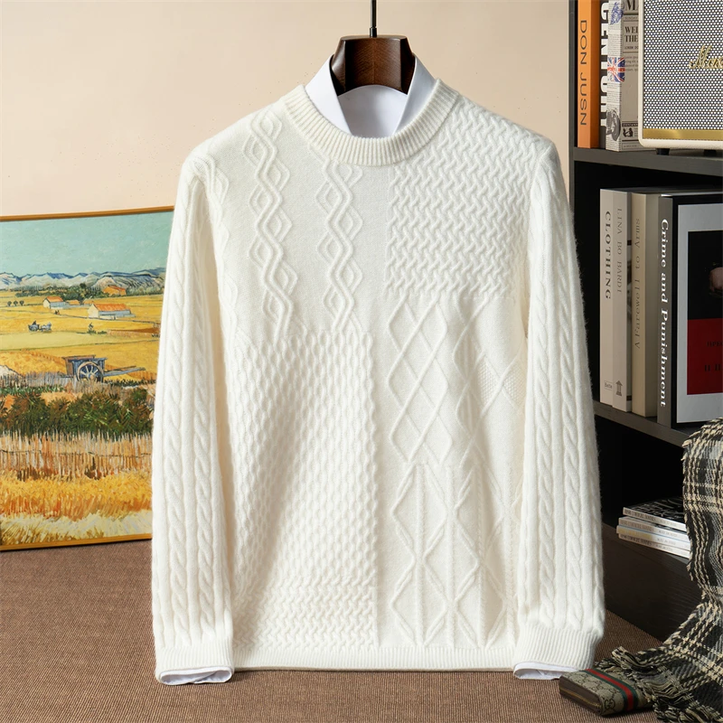 450g Winter 100% Pure Cashmere Sweater Men's Round Neck Thickened Knitted Top Casual Loose Sweater