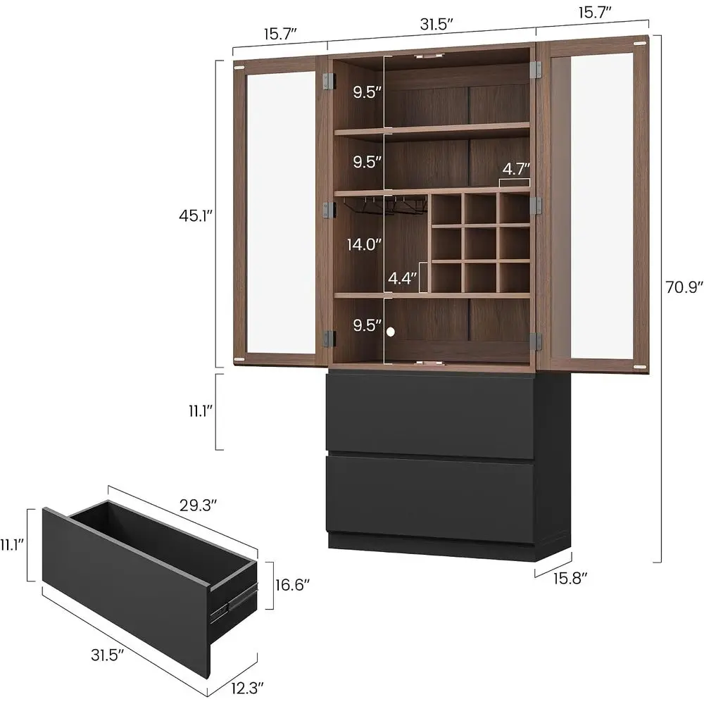 71LED Curio Display Cainet & Slim Home ar with Glass Do, Walnut | 9-ottle Grid/3 Stemware Racks/2 Deep Ders/Adjustale Shel/Remot