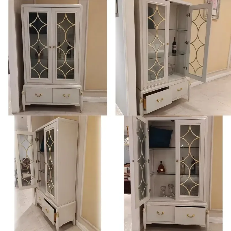 Light Luxury Wood Restaurant Bar Furniture Set Carved Wood Frame Double Glass Door Wine Bar Cabinet with Drawer