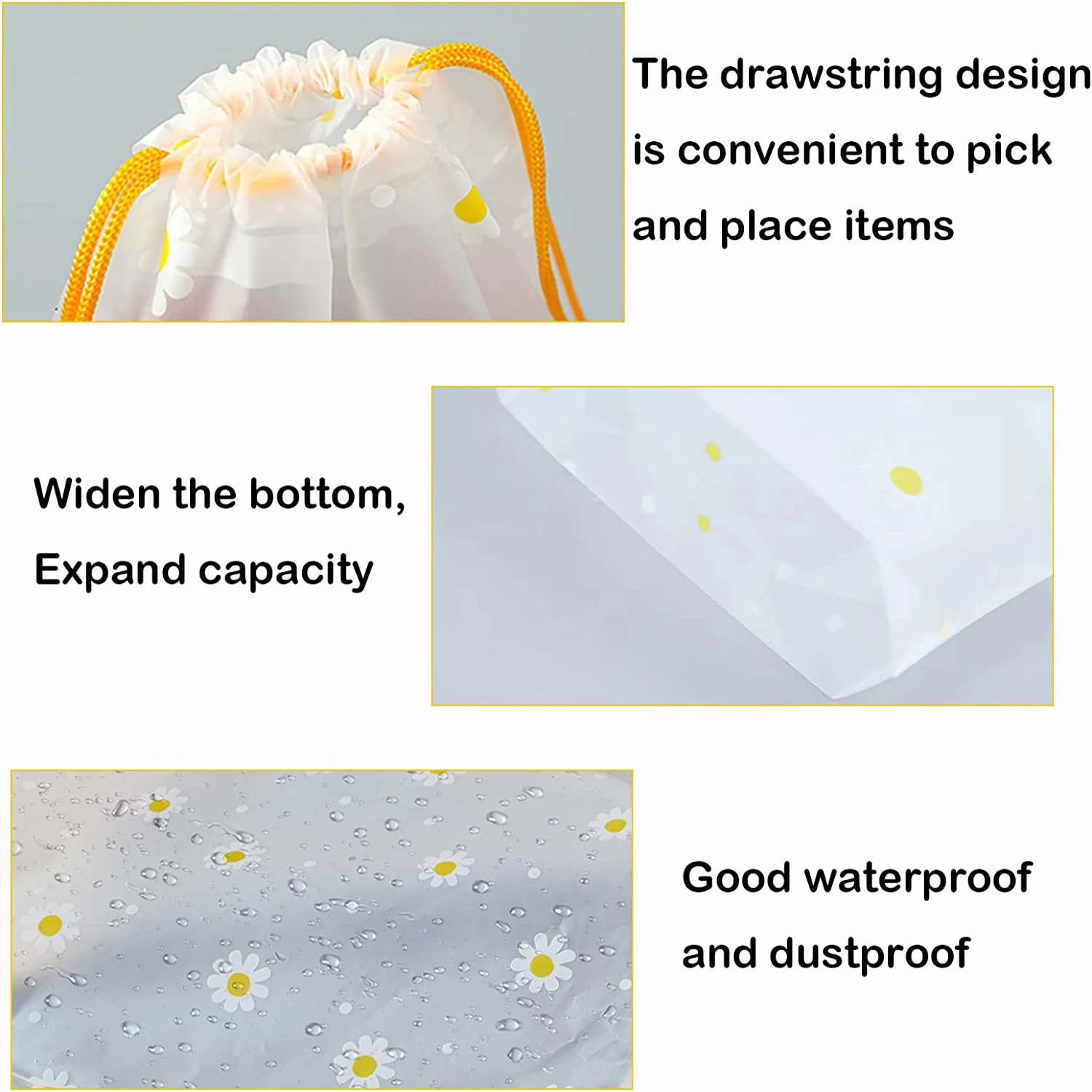 50PCS Drawstring Waterproof Clothes Shoes Storage Bags EVA Daisy Pattern Packaging Organizer Waterproof Makeup Toiletry Bags