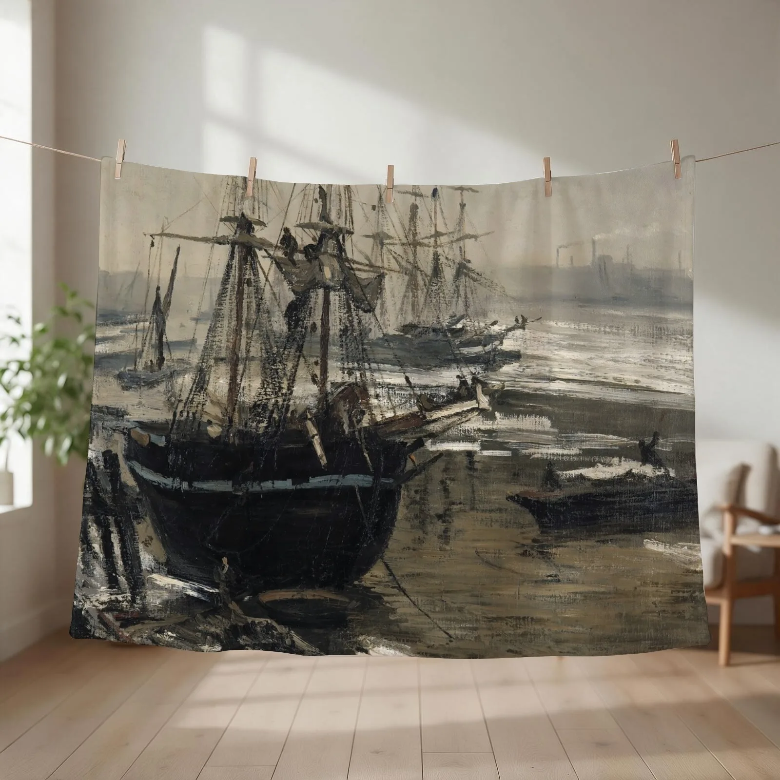 The Thames in Ice by James Whistler (1860) Throw Blanket couch cozy soft plush fuzzy picnic outdoor blanket
