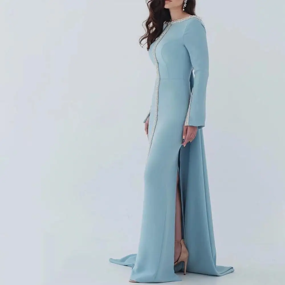 Robe de Rhdos nu personnalisée pour femmes, robe de soirée avec plumes, longueur au sol, manches longues, robe de soirée de mariage, Dubaï, 2024