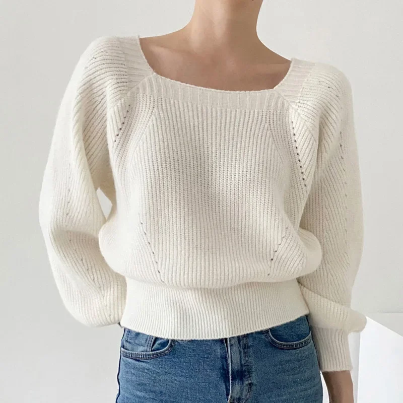 ChicAutumn/Winter French Vintage Square Collar Pullover Loose-Fit Casual Long Sleeve Knitted Top Sweater From China