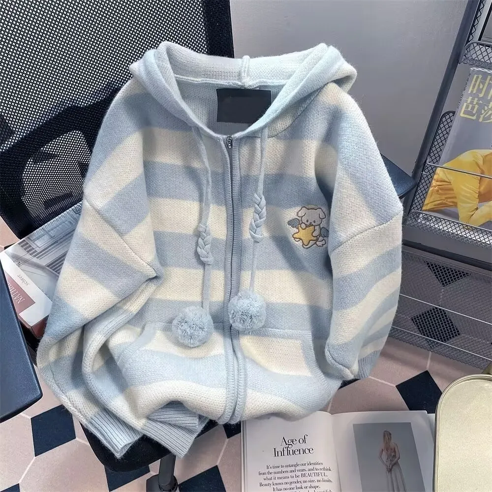 

Spring Autumn Casual Cartoon Embroidery Striped Hooded Sweater Women Sweet Knitted Cardigan Coat Kawaii Loose Knitwear Y2k Tops