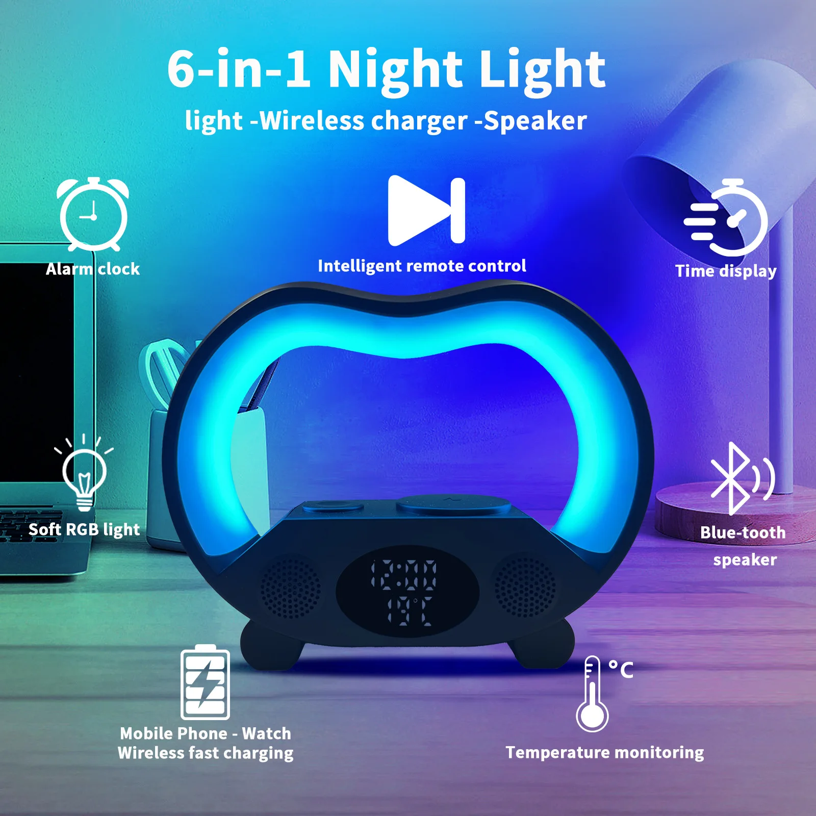 

6 in1 alarms clock night light rgb mobile phone wireless charger remoto control bluetooth party bt smart speakers