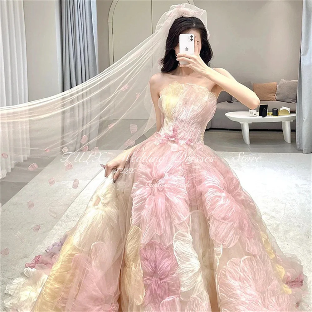 TULX Colorful Wedding Dresses Korea Photo Shoot Gorgeous Corset Bridal Gown Strapless A-line Chapel Train Ball Gown Corset Back