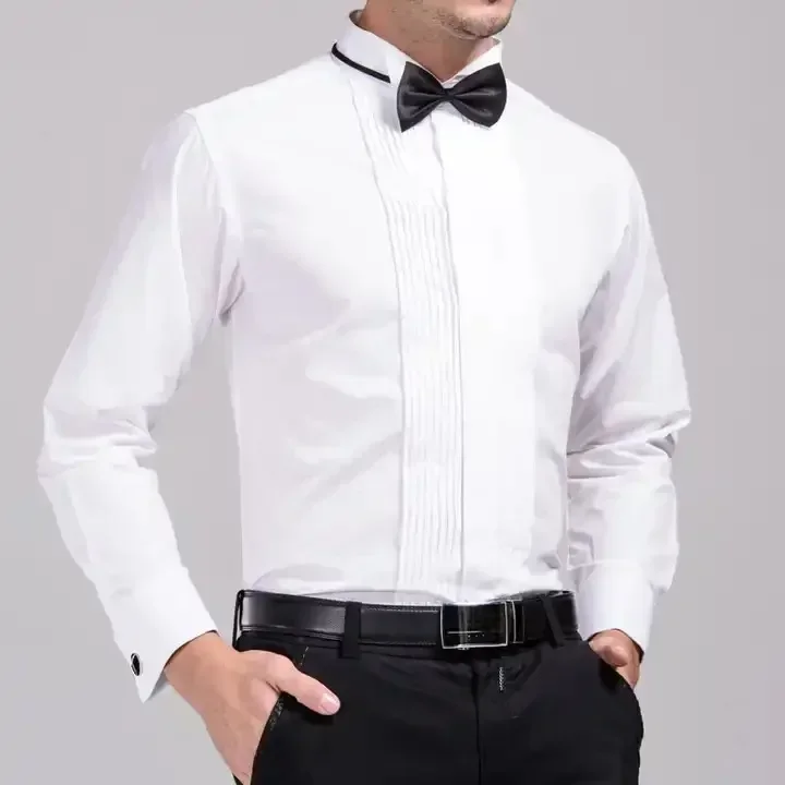 Swallowtail men shirt best selling studio best man clothing stand collar long sleeve white performance dress men jacquard shirt.