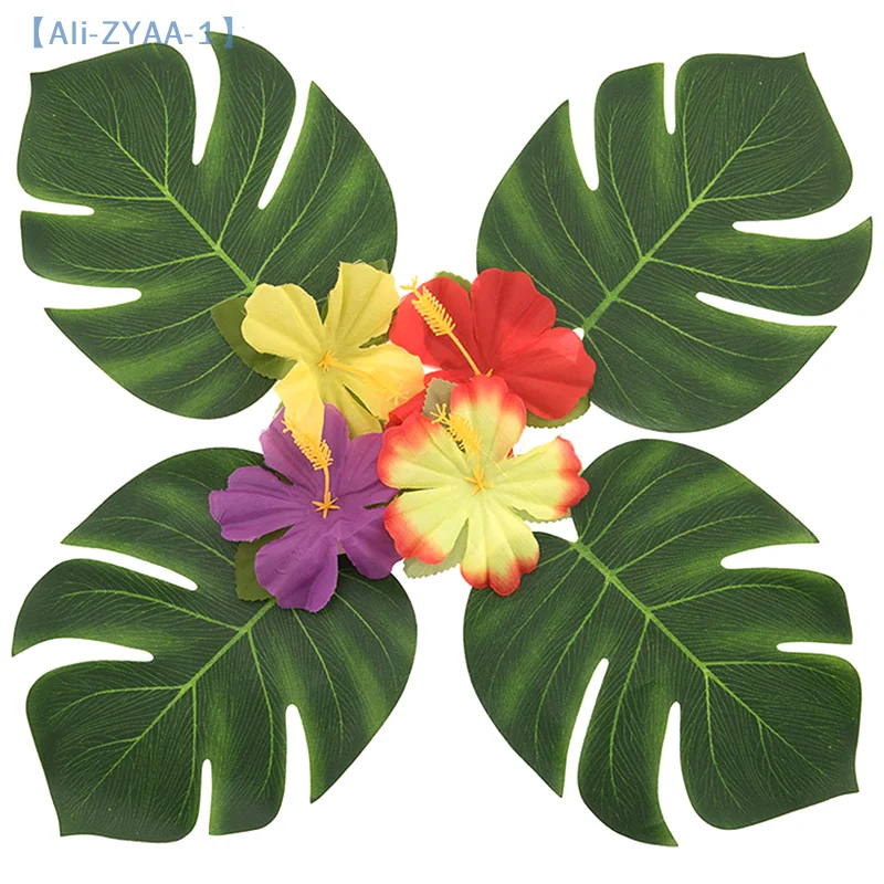 【ZYAA-1】12 قطعة هاواي أوراق النخيل الاصطناعية السلحفاة الظهر ورقة الغابة الشاطئ موضوع حفلة تشكيلة زهور حصيرة اكسسوارات كأس حصيرة #3