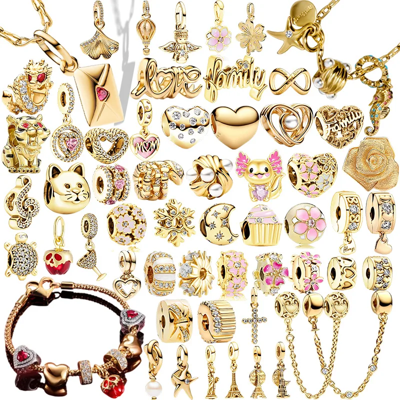 

New Sparkling Rose Gold Heart Star Moon Flower Clip safety chain Charm Beads Pendant Fit Bracelet DIY Jewelry Women Gifts