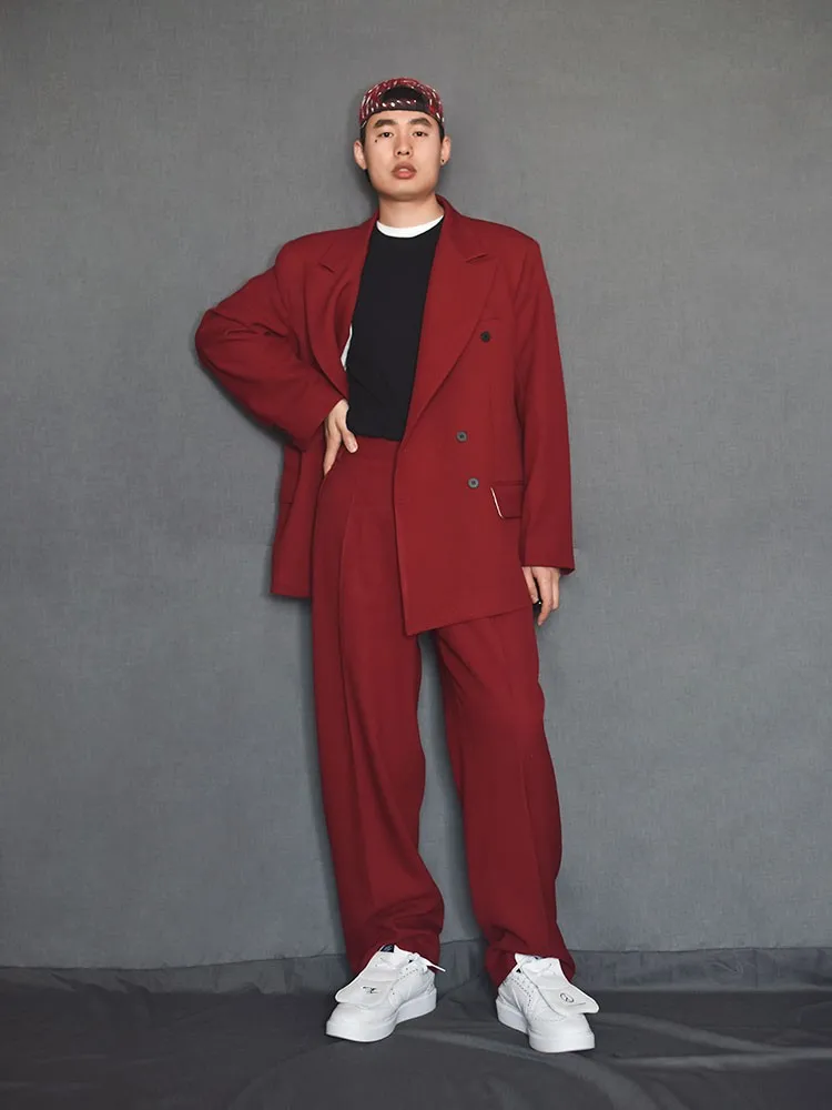 Business Men Casual Work Two Piece Set Red Double Breasted Blazer Jacket Pants Oversized Loose Fit Stage Show Suit Matching Sets