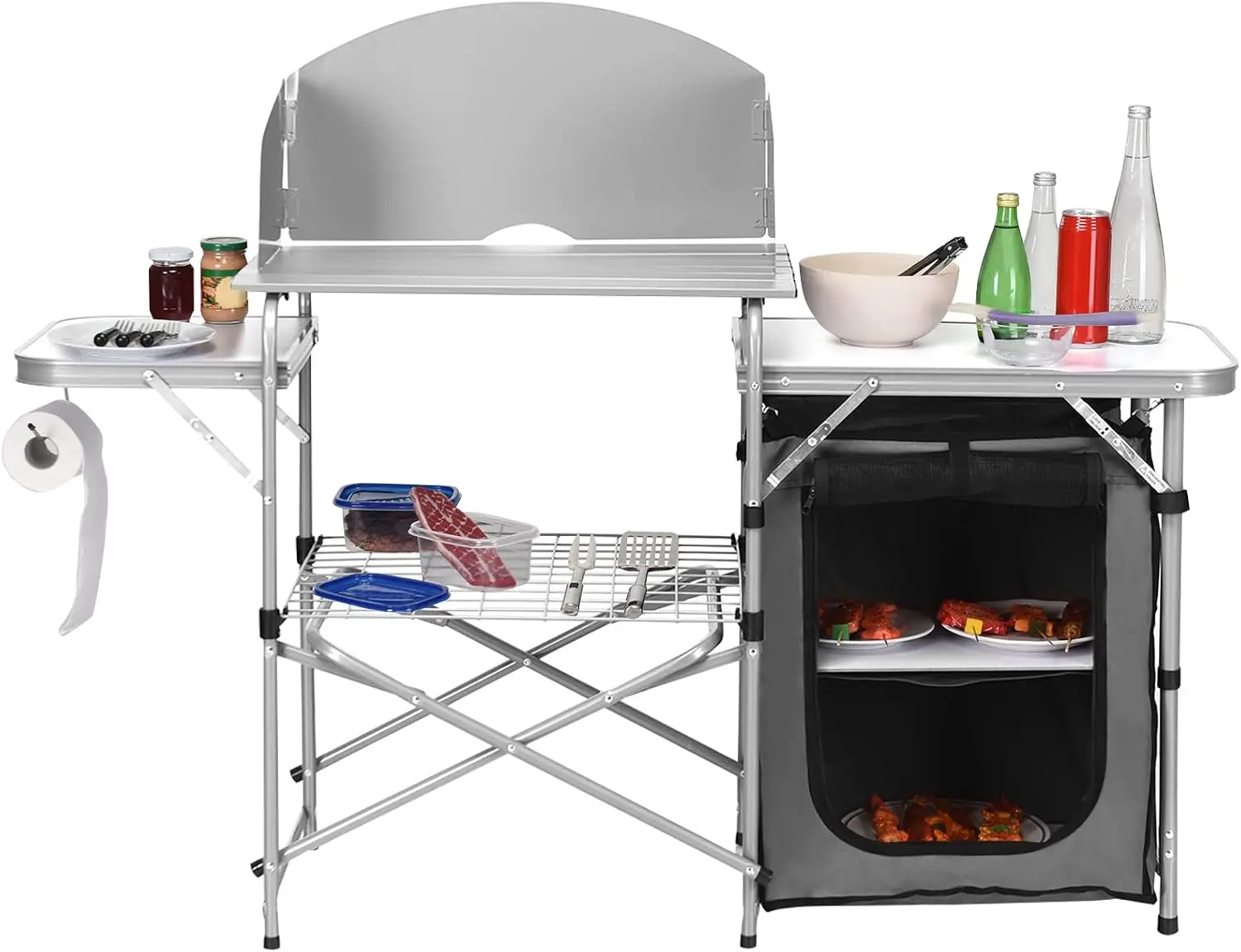 Camping Kitchen Table, Portable Outdoor Cooking Table with Storage, 26'' Tabletop, Detachable Windscreen, Camp Cook Station