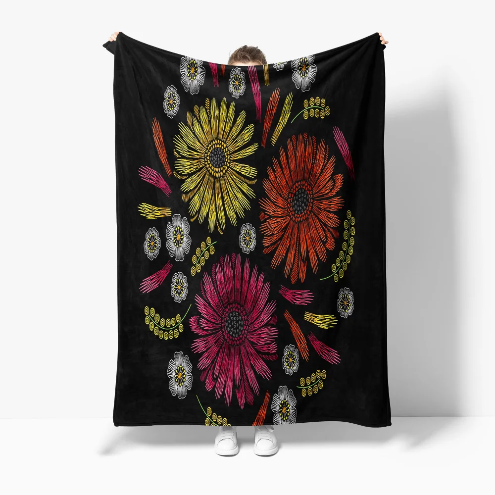 

Флисовое одеяло с цветочной вышивкой, красочное одеяло с цветочной строчкой для женщин и девочек, украшение для дивана-кровати, подарок