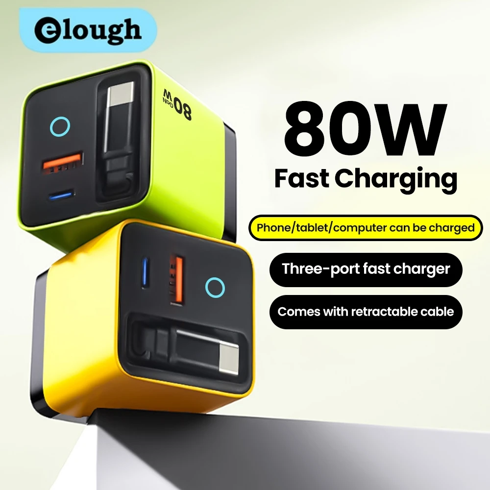 Elough 80W شاحن نيتريد الغاليوم كابل بيانات قابل للتطوير آيفون هواوي A + C بروتوكول كامل متعدد المنافذ شحن الرأس