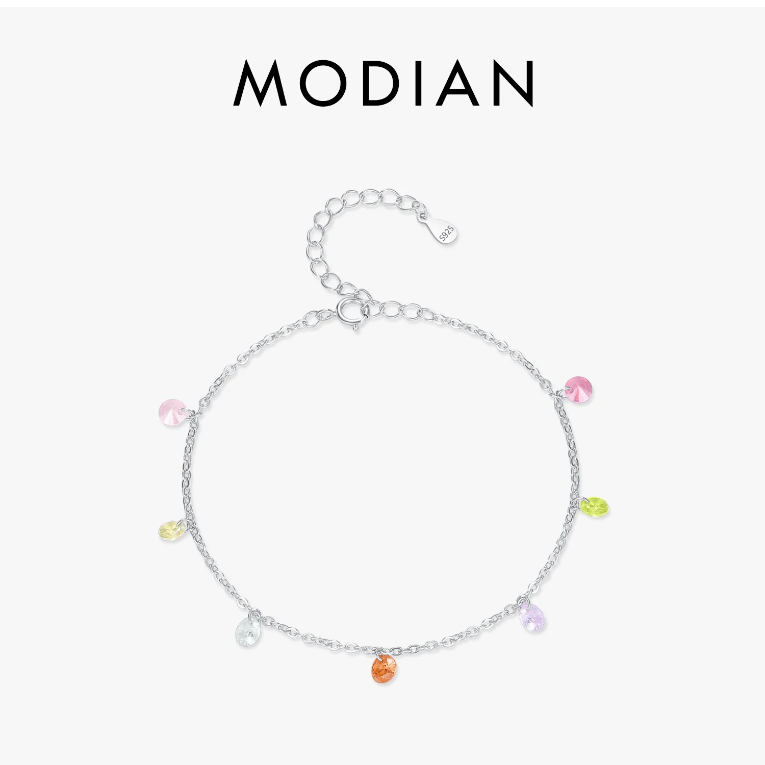 MODIAN Rainbow Colorful Zircon Bracelet 925 Sterling Silver Fashion Delicate Link Chain Bracelet For Women Girls Fine Jewelry