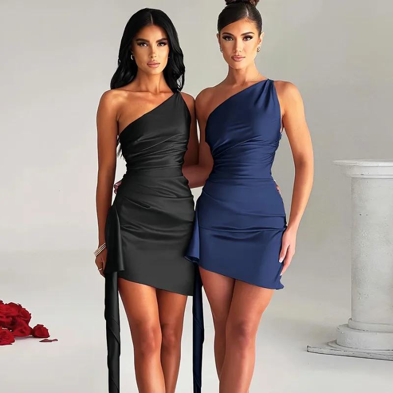 Minivestido feminino de cetim com um ombro, elegante, assimétrico, babado, bodycon, para festas e coquetéis