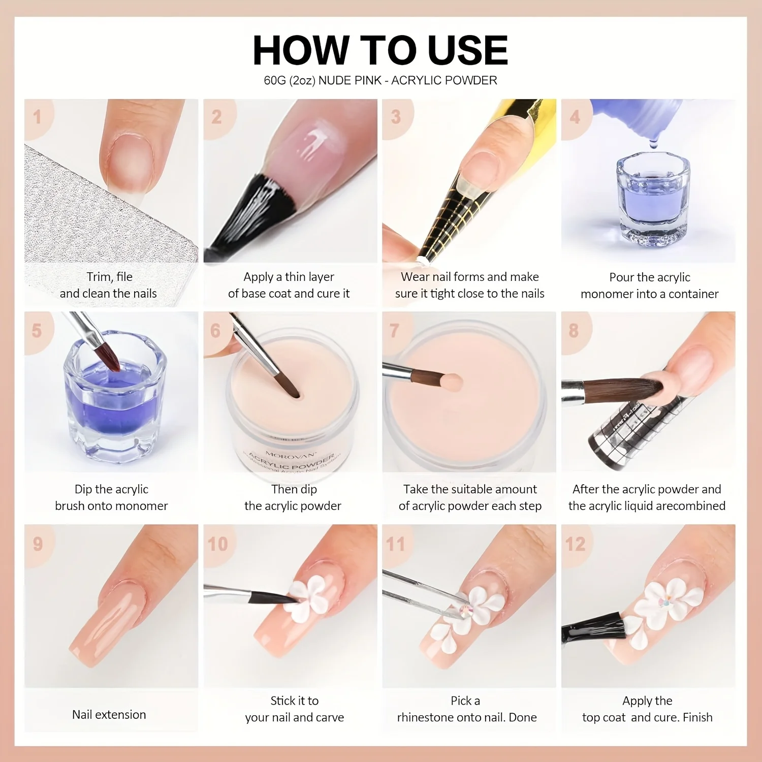 Conjunto de pó acrílico rosa Morovan: pó acrílico profissional para unhas de 2 onças, pó de cristal DIY 3D Nail Art sem lâmpada, Perfe