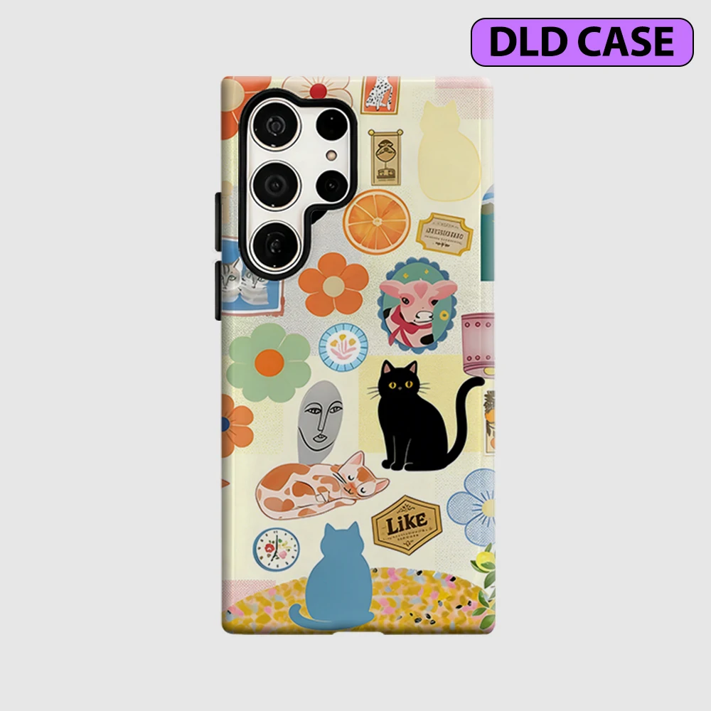 Cat Floral Collage Phone Case for Samsung Galaxy S26 S25 Ultra S24 S23 Ultra Plus Shockproof Double Layer Tough Back Cover