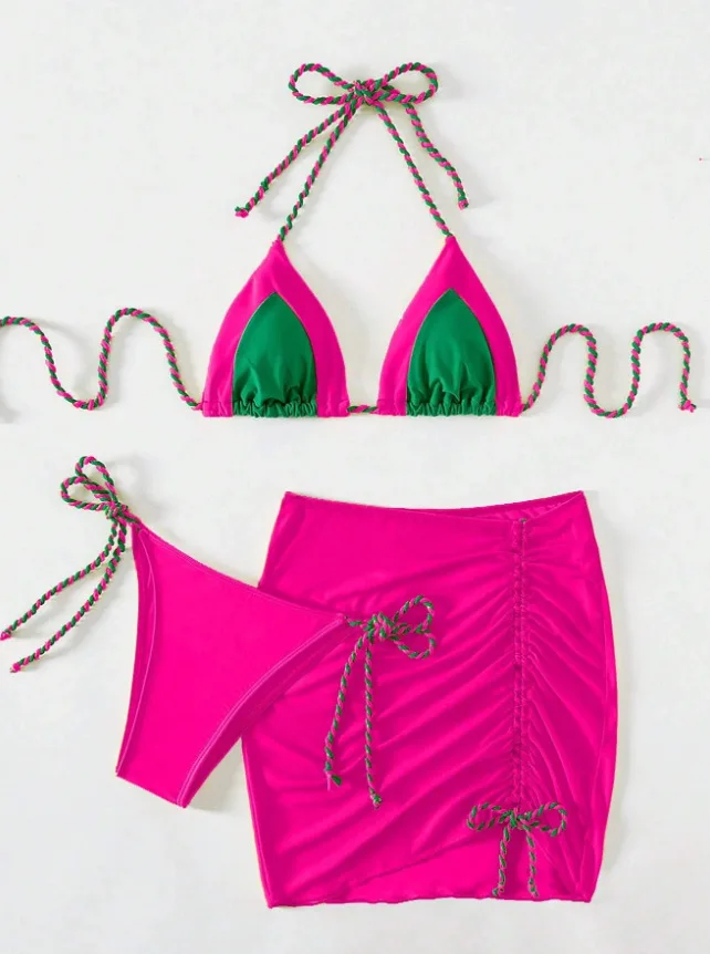 

2025 Halter String 3 Piece Colorblock Bikini String Skirt Swimsuit Women Swimwear Bather Bathing Swimming Swim Suit Beachwear