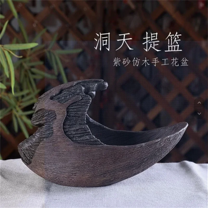 Simulate Wood Pattern Ceramic Bonsai Pot,Handmade,Garden Decoration,Made by Purple Sand