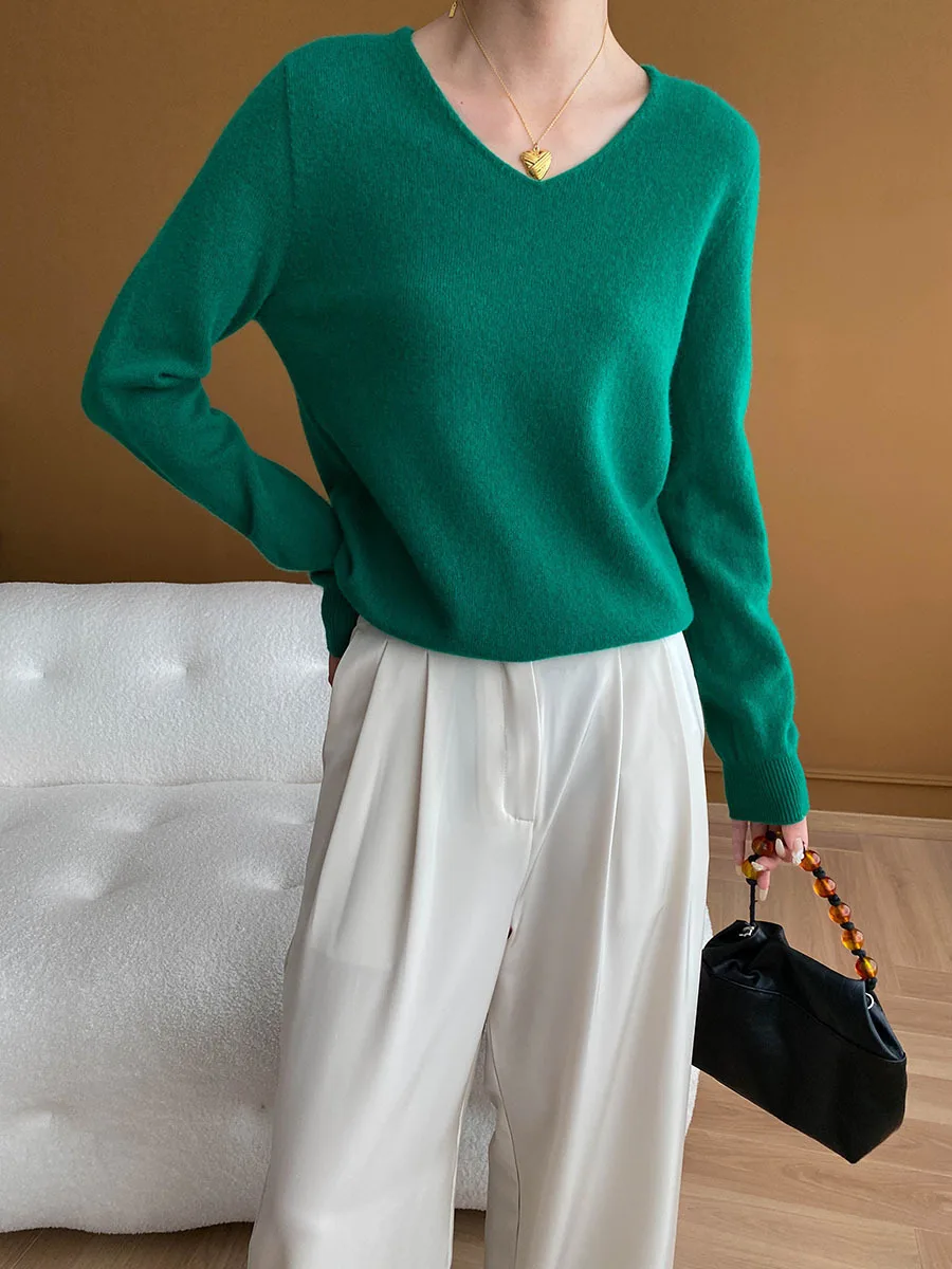 Seamless V-neck Wool Loose Fit Slimming Knitted Sweater 2024 Autumn Winter Warm Pullovers