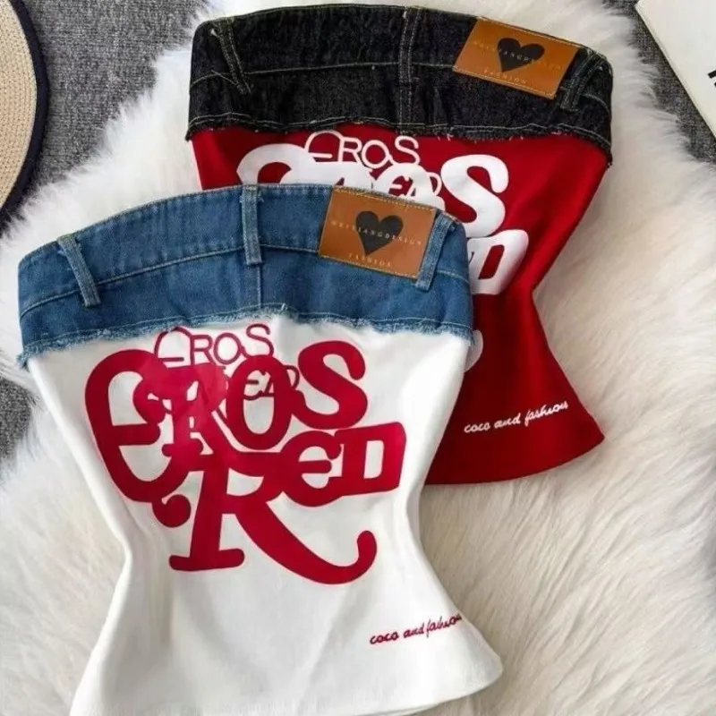 

American Retro Hottie Strapless Vest Subculture Letter Print Halter Vests Fashion Patchwork Denim Camisole Women's Sexy Slim Top