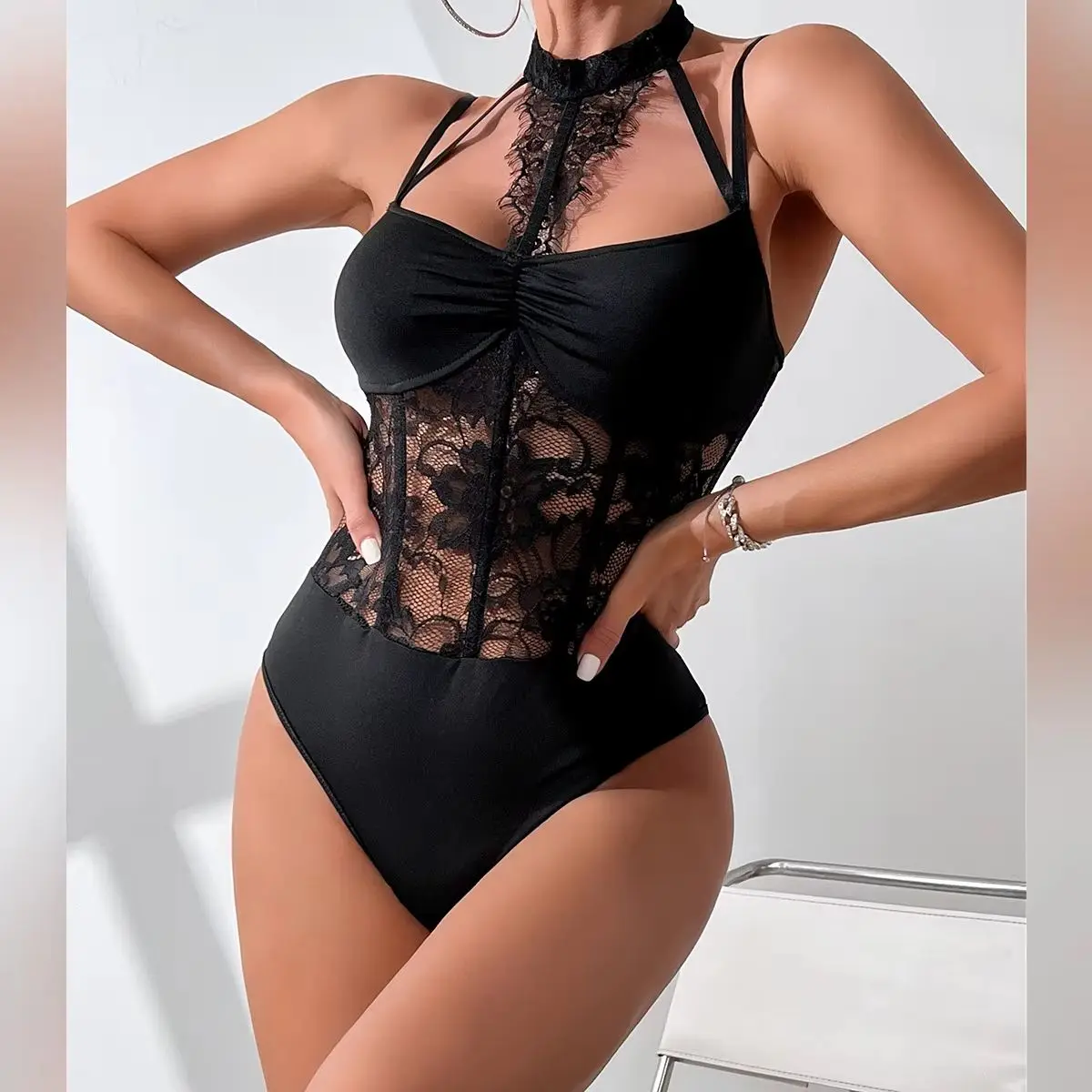 

Women Elegant Sleeveless Lace Mesh Bodysuits Fashion Halter Jumpsuits One Pieces Sexy Sheer Slim Lingerie Shapewear Bustier Tops