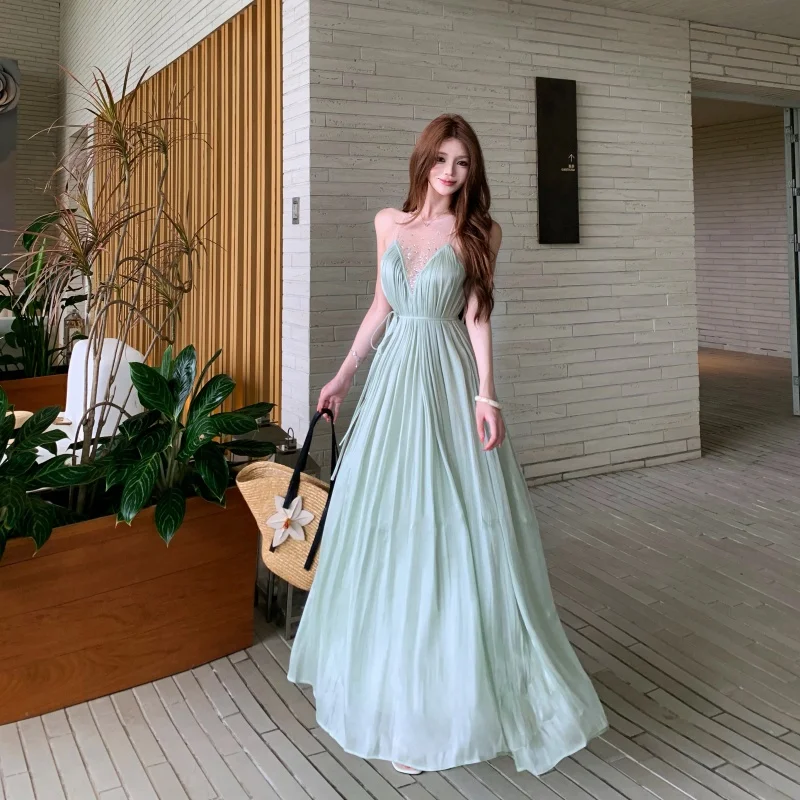 Summer 2026 Women's Sleeveless Green Dress Rhinestone Mesh Splicing Elegant Long Dress Holiday Style Polyester Fiber Thin Model
