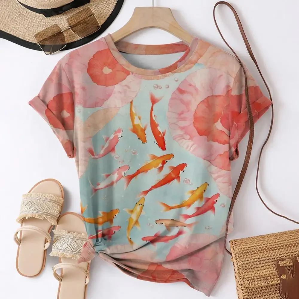 

Женская футболка с золотой рыбкой и 3d принтом в виде животных, повседневная модная повседневная футболка с коротким рукавом, женская одежда, летняя женская футболка с круглым вырезом