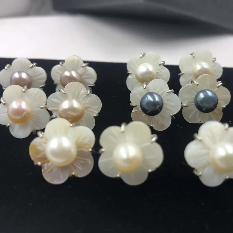 

[ELEISPL Lots 50 Pairs Handcraft Carve Shell Flower & Real Pearl Studs Earrings 7-8mm #22010295