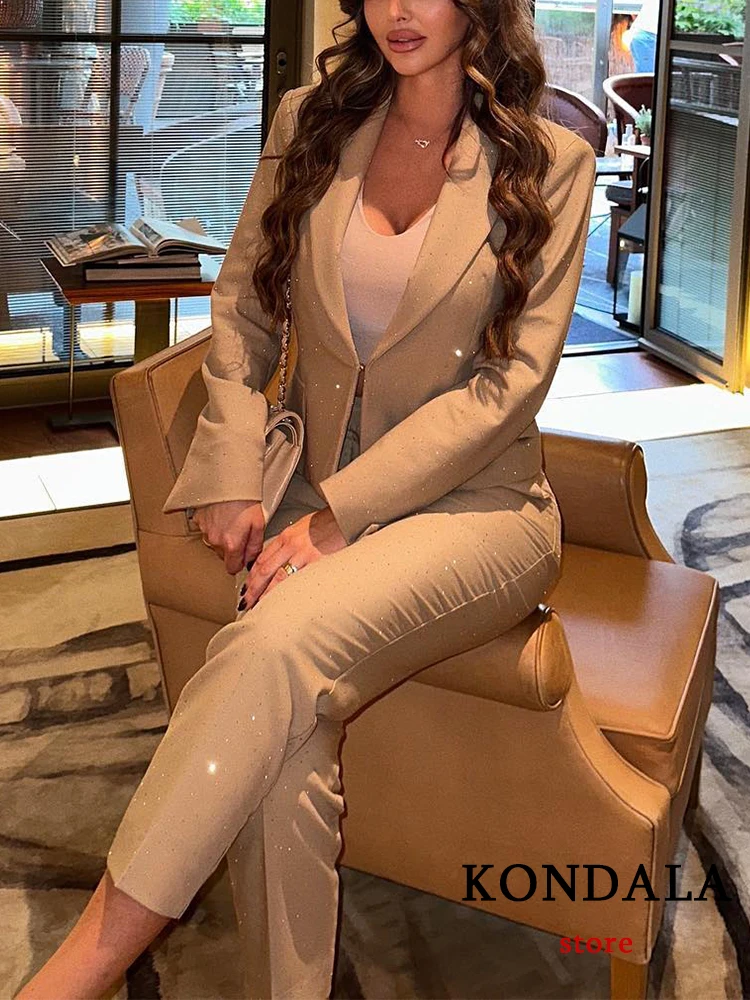 KONDALA Vintage Solid Women Suit V Neck Single Button Pockets Blazer Straight Zipper Pants Fashion 2023 Autumn Office Lady Sets