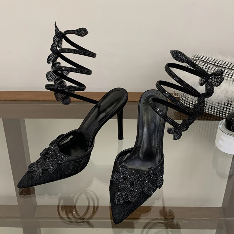 Liyke Summer Sexy Crystal Flower Ankle Snake Strap Sandals Women Pumps Elegant Pointed Toe White High Heels Party Dress Shoes
