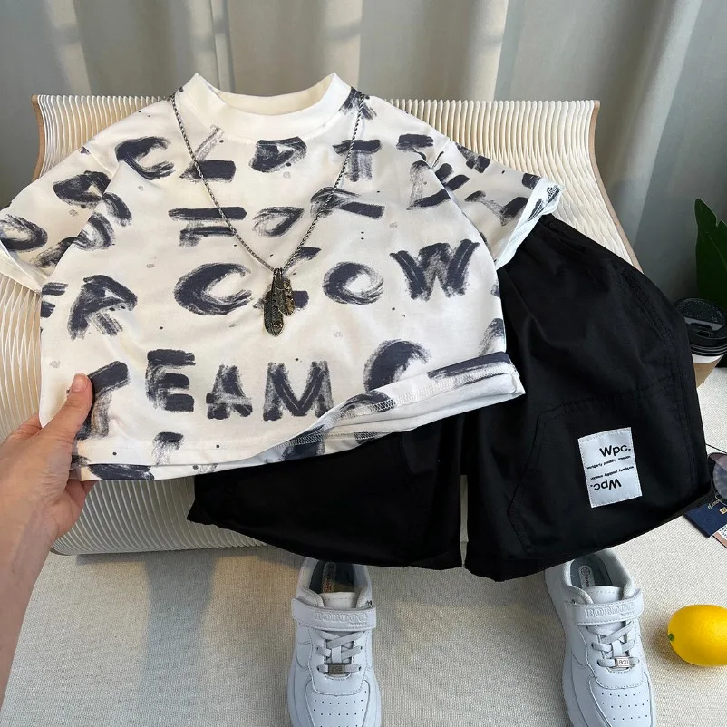 

Boutique Letter Outfits Baby Boys Short Sleeve T-Shirt Jeans Short 2pcs Set Kids New Clothes Boys 2-11 Years Old