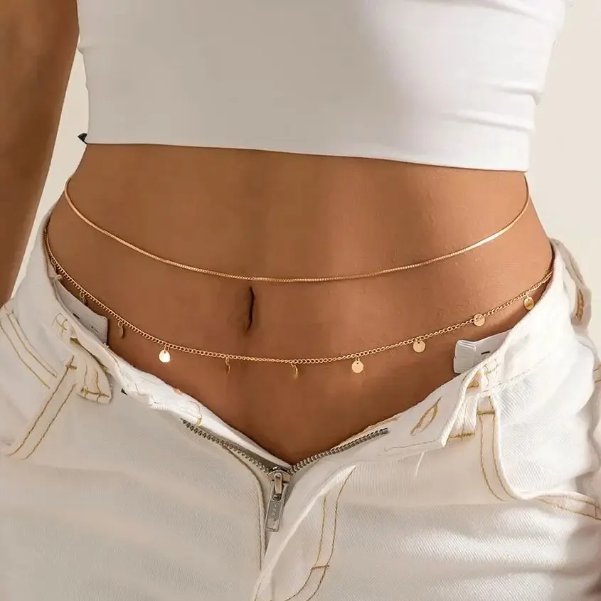 2Pcs/Set  Sequins Belly Waist Chain for Women Summer Bikini Gold Color Multilayer Thin Chain Body Jewelry Y2K Accessories