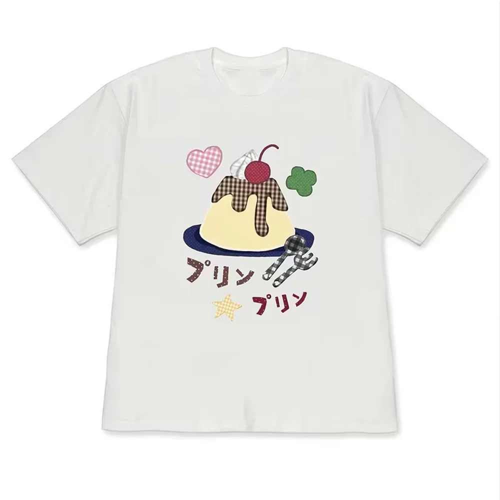 Loose-fit Short-sleeved Round-neck T-shirt Featuring A Japanese-style Girly Print of Puddings Cherries and Hearts Tops Clothing