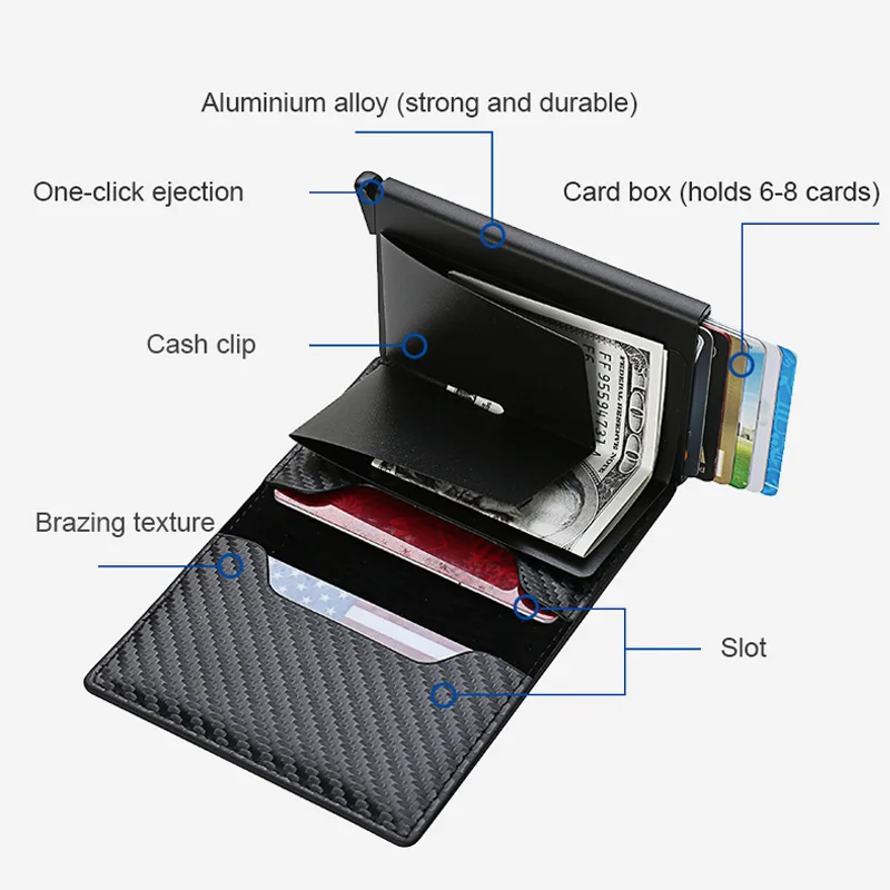 Carbon Fiber Anti Thief Rfid Credit Card Holder Short Wallet Multi-functional Money Clip Pu Material Women Slim Cardholder Bank