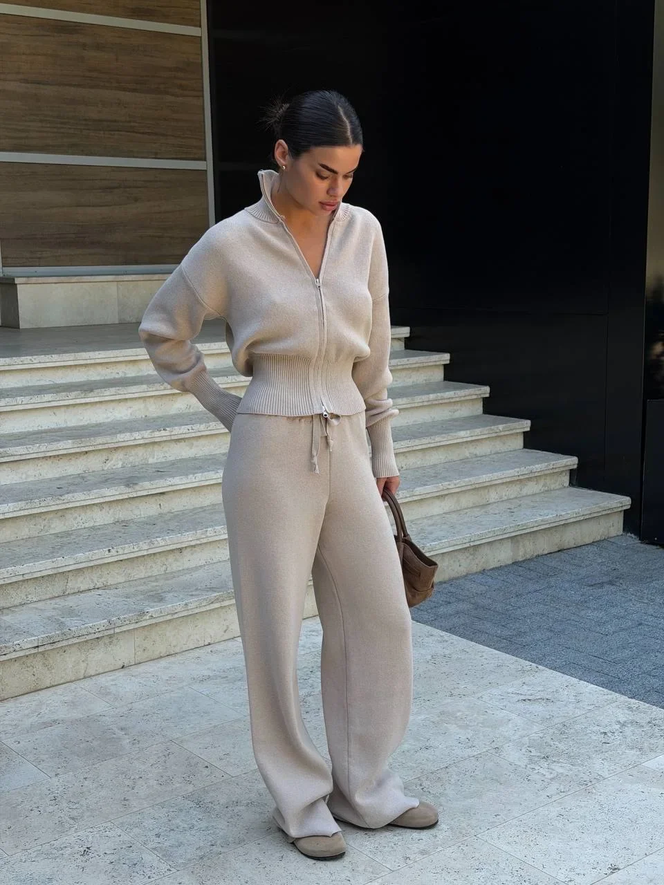 Solid Color Zipper Waist Cinching Casual Set Knitted Top Drawstring Straight Leg Pants 2-piece Sets 2026 Autumn Lady Daily Wear
