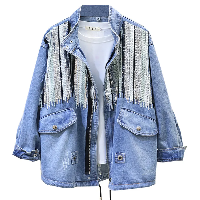 

2023 New Sequins Denim Jacket Women Bomber Jacket Fashion Long Sleeves Coats Vintage Hippie Jeans Jacket Colete Feminino