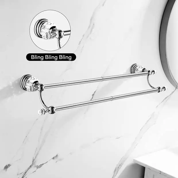 Chrome Towel Bar, Adjustable Double Towel Holder, Silver Crystal Bathroom Towel Racks Wall Mounted