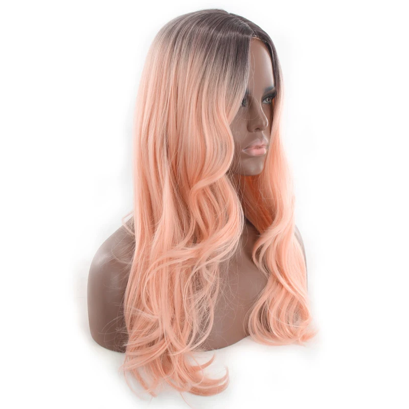 New style no-bangs for women, middle-parted long curly hair with lotus pink highlights, synthetic fiber full wig - view 4
