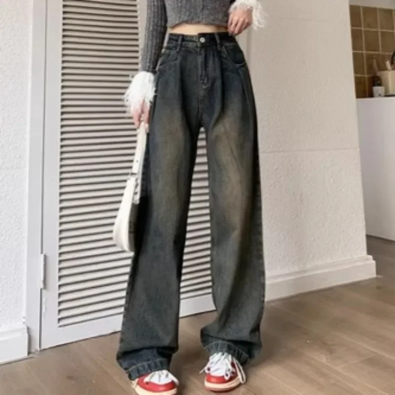 Loose Jeans for Women High Waist Spring Autumn Korean Style Retro College Girls Cool Girls Washed Minimalist Pockets Popular