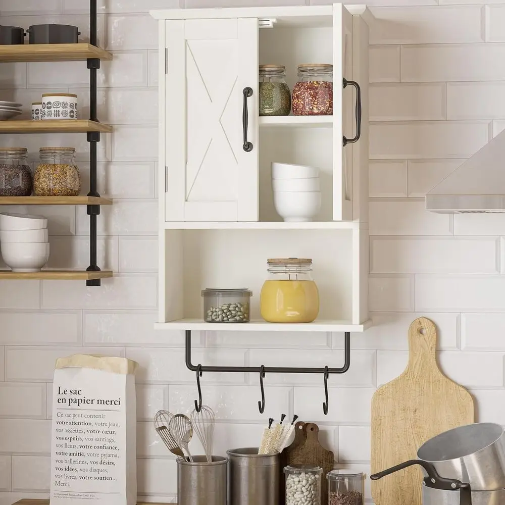 خزانة تخزين فوق المرحاض مع رف قابل للتعديل، 3 خطافات، وقضيب منشفة، بطول 19.3، أبيض