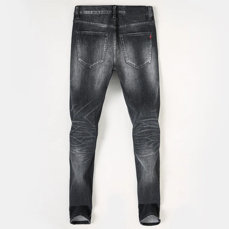 European Fashion Men Jeans High Quality Retro Black Gray Elastic Slim Fit Ripped Jeans Men Vintage Designer Denim Pants Hombre
