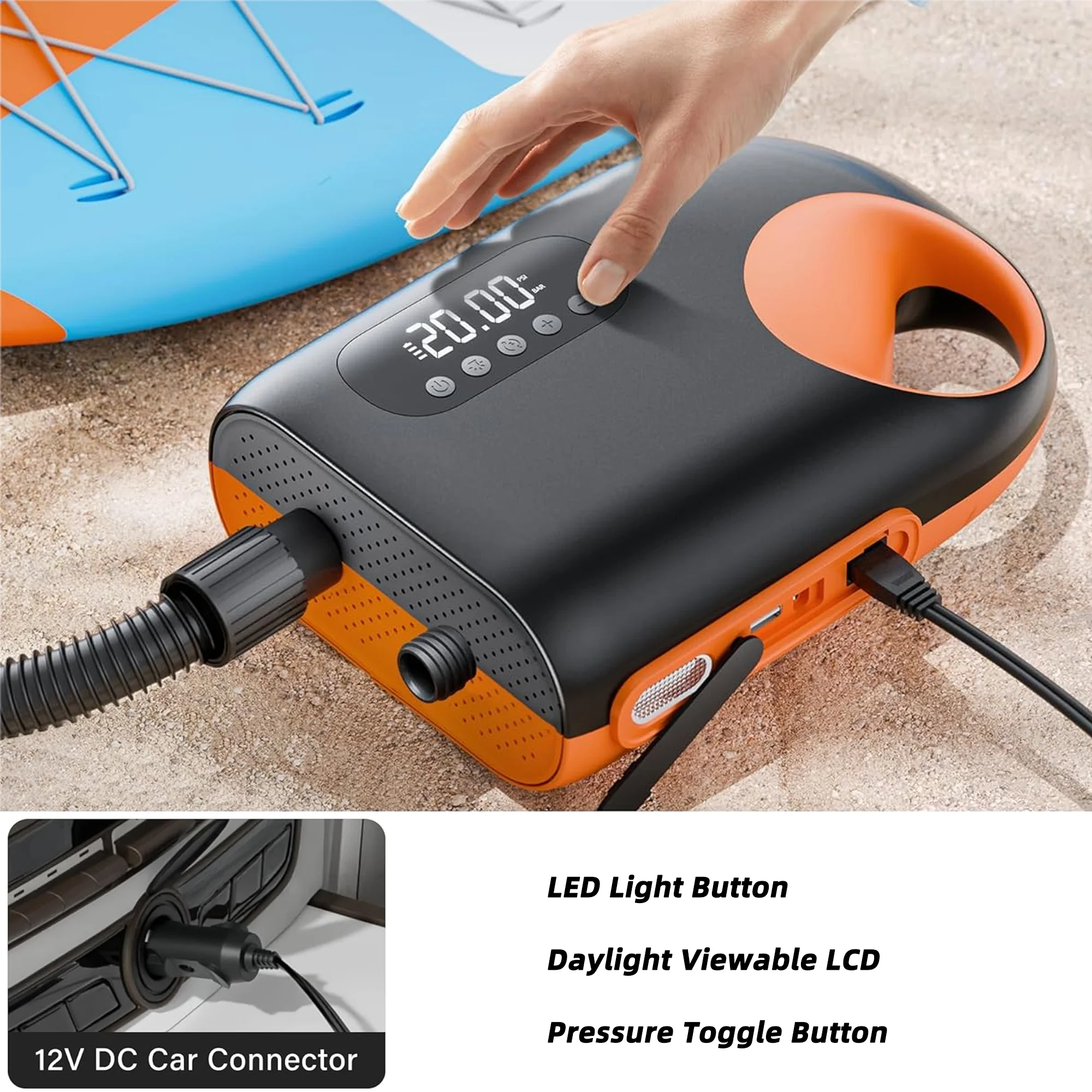 12V DC Plastic Car Connector 2-in-1 Portable Electric SUP Dual Stage Inflation Deflation Air Pump Emergency Light LCD Display