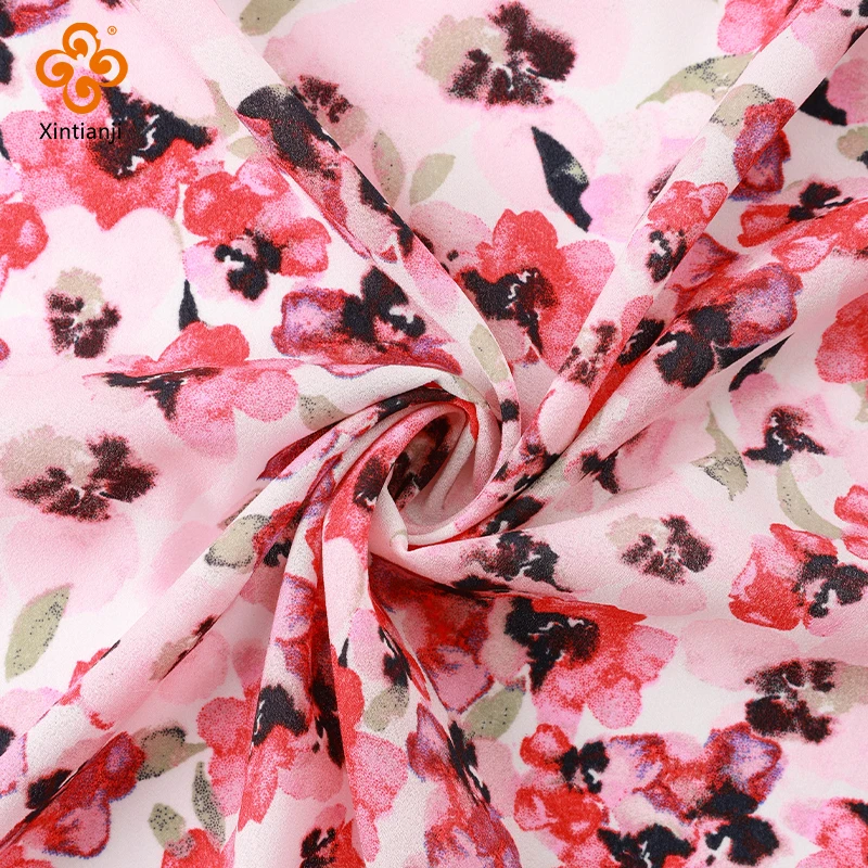 1m Printed Chiffon Fabric for Sewing Pink Floral Flower Fabrics for Elegant Dresses By Meters 59 Inch Wide Soft Not See Through