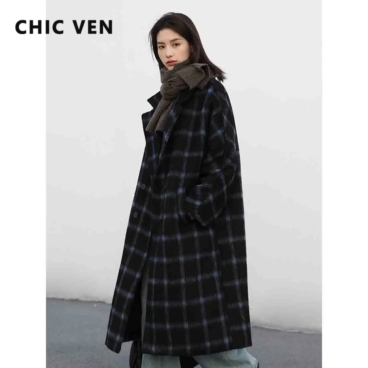 CHIC VEN  Women\'s Woolen Coats Casual Plaid Soft Warm Long Jackets Korean Fashion Double Breasted Overcoat Autumn Winter 2023