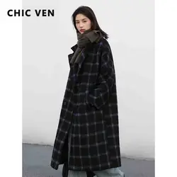 CHIC VEN  Women's Woolen Coats Casual Plaid Soft Warm Long Jackets Korean Fashion Double Breasted Overcoat Autumn Winter 2023