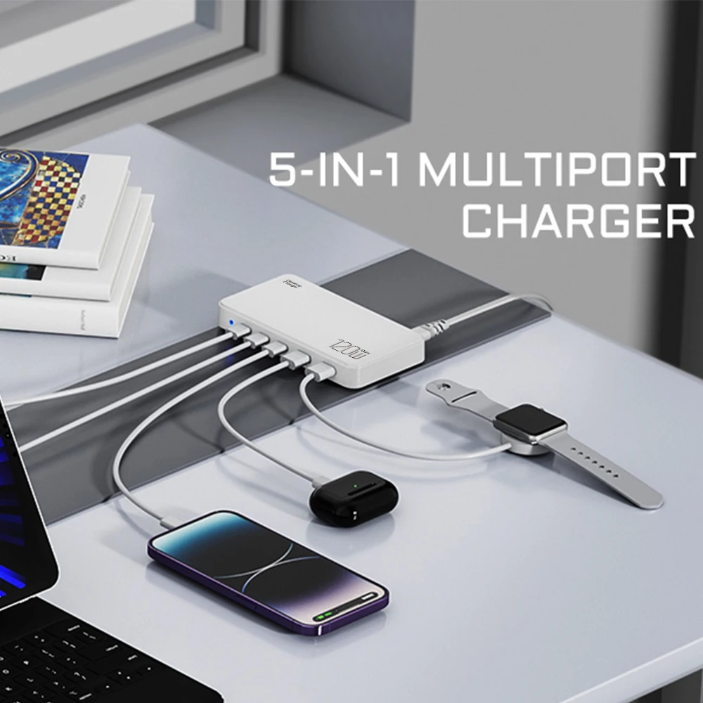 USB C Charging Station, 120W USB C GaN Charger Charging Hub 5 Ports for Multiple Devices for MacBook iPhone 15 Samsung Galaxy