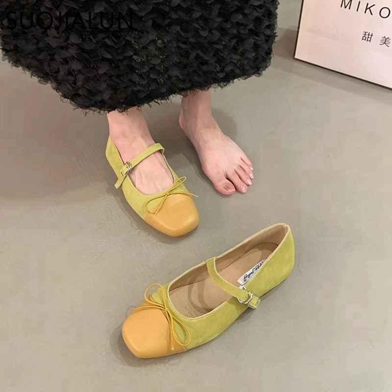 SUOJIALUN Autumn Women Flat Shoes Fashion Round Toe Shallow Slip On Ladies Mary Jane Shoes Soft Flat Heel Dress Ballerinas Shoes