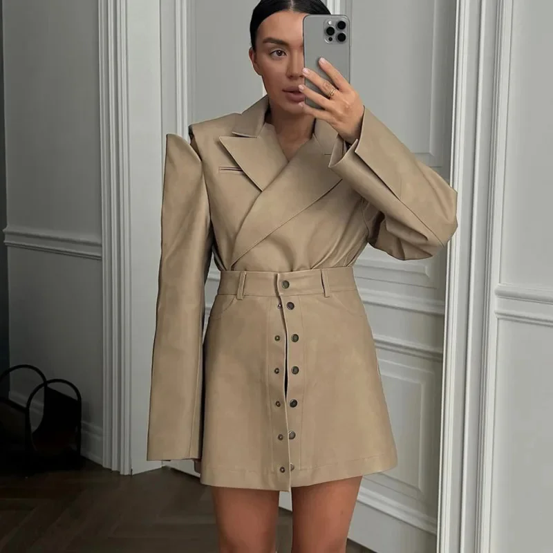 مجموعة تنورة بليزر نسائية أنيقة مصممة من القماش بأكمام طويلة وسترة عالية الخصر تنورة صغيرة للمكتب للتنقل اليومي في الخريف #4